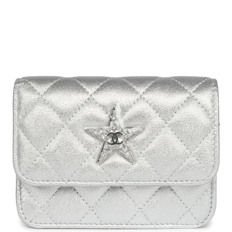 Chanel Crystal CC Walk Of Fame Clutch Silver Metallic Goatskin Silver Hardware