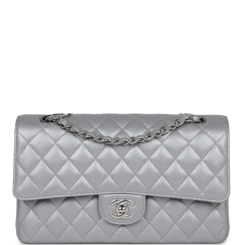 Chanel Medium Classic Double Flap Bag Silver Metallic Lambskin Silver Hardware