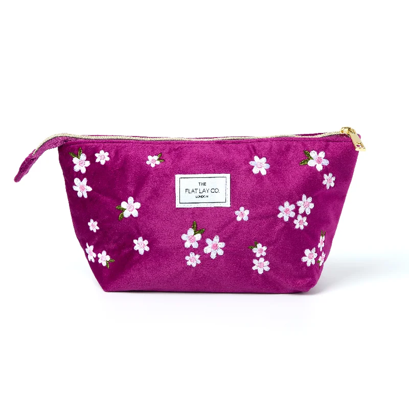 Essential Makeup Pouch - Plum Daisy Embroidered Velvet