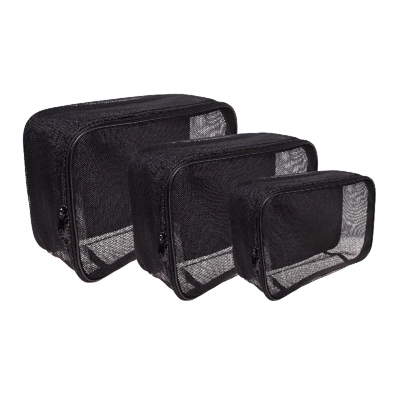 Assorted Size Cosmetics Travel Bag - Black Mesh - 3PC Set