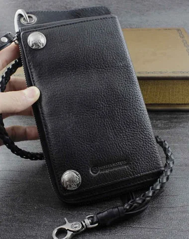 Genuine Leather Mens Cool Biker Chain Wallet Long Leather Wallet Slim Clutch Wristlet Wallet for Men