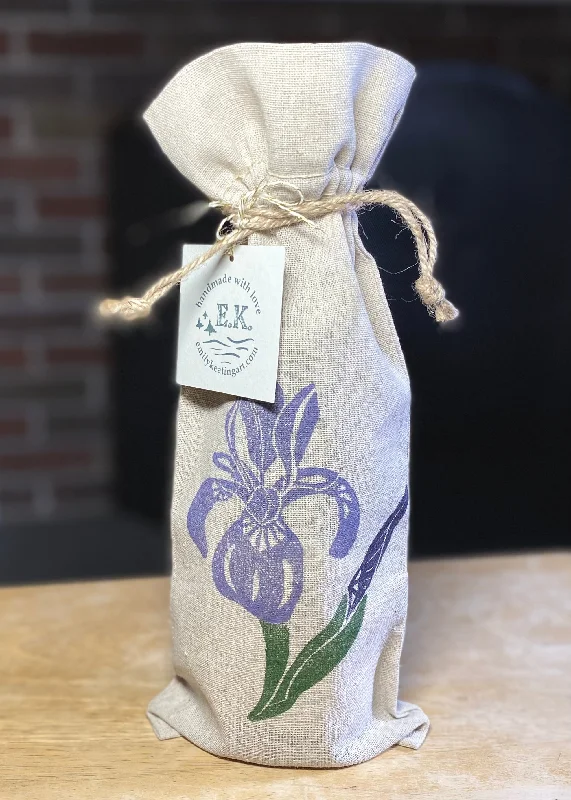 Purple or Blue Hand-Printed Iris Wine Bottle Gift Bag