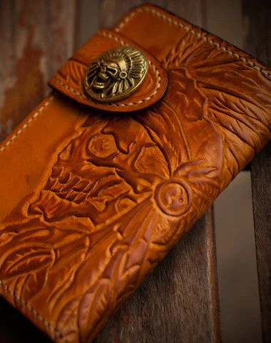 Handmade leather indian chief skull brown coffee carved biker wallet trucker billfold wallet for men