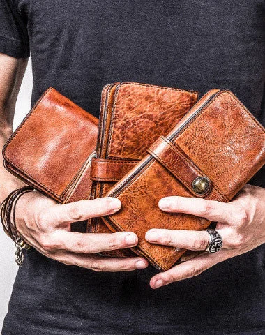 Cool Leather Mens Long Wallets Vintage Brown Bifold Long Wallets for Men