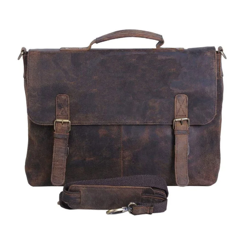 16 Inch Retro Buffalo Hunter Leather Laptop (Fits upto 15.6 Inch Laptop) Messenger Bag Office Briefcase College Bag (Distressed Tan)