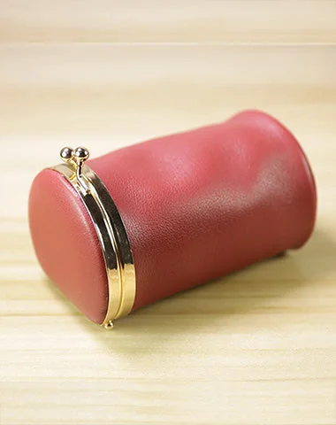 Vintage Women Red Leather Cup Coin Wallet Frame Clasp Coin Pouch Change Wallet For Women